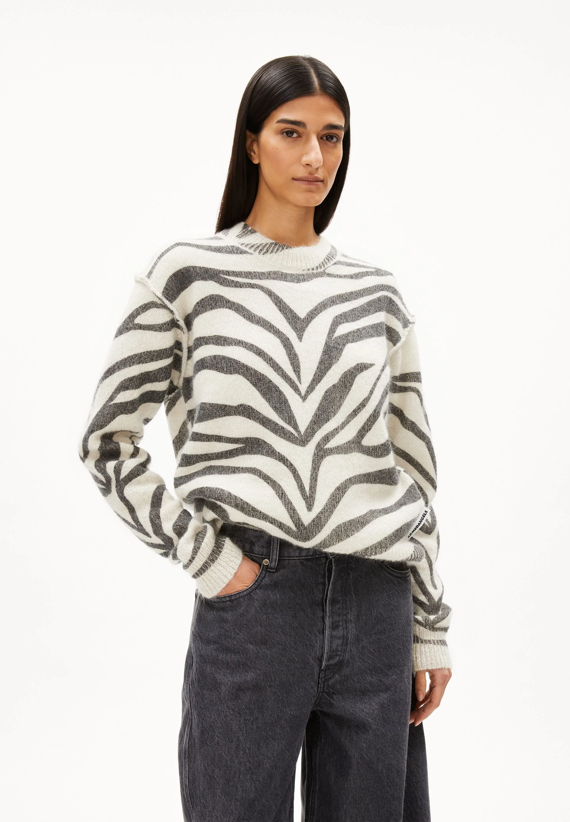 BALBAA PREMIUM ZEBRARAA STRICKPULLOVER | oatmilk-black