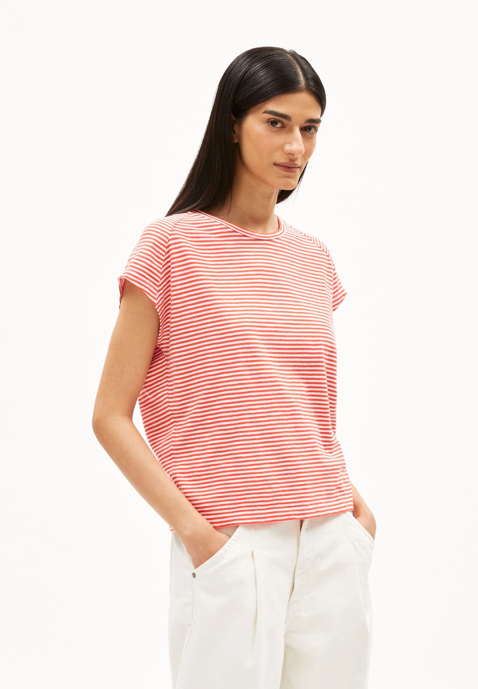 ONELIAA LOVELY STRIPES T-SHIRT | poppy red-oatmilk