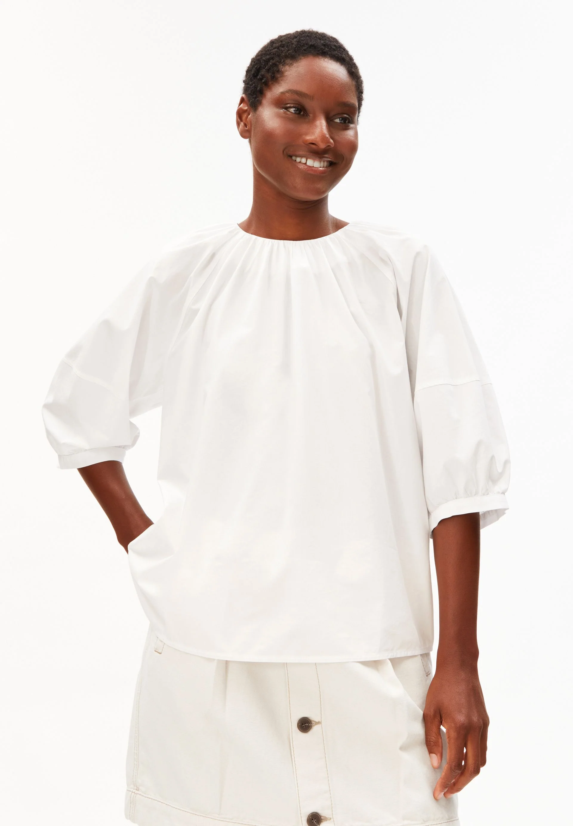 POPLIN BALLONÄRMEL-BLUSE | white